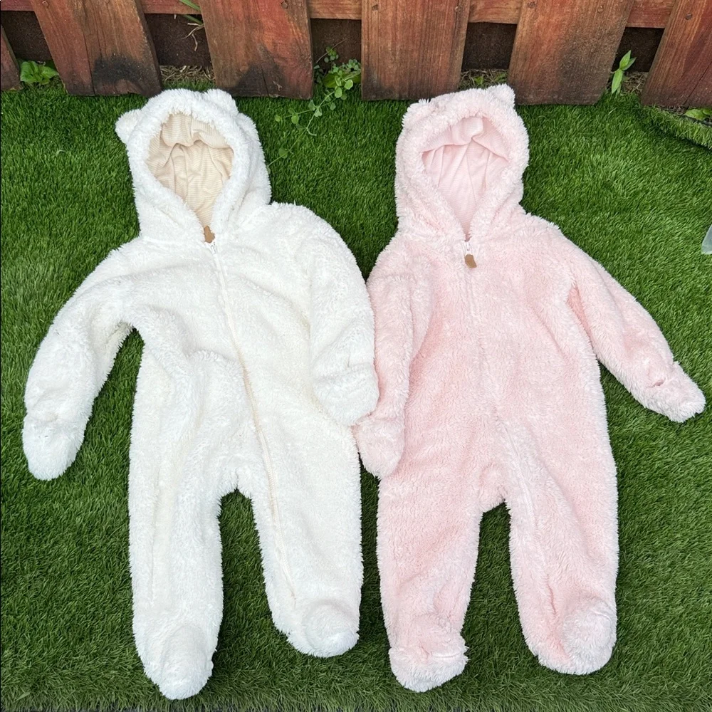 Carters Baby 9M Fuzzy Sherpa Fleece Bear Pram Suit Hooded Romper Bundle 2Pk